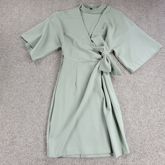 ASOS Womens Dress 4 Mint Green Textured Wrap V Neck Plunge Kimono Tie Waist - Picture 1 of 16